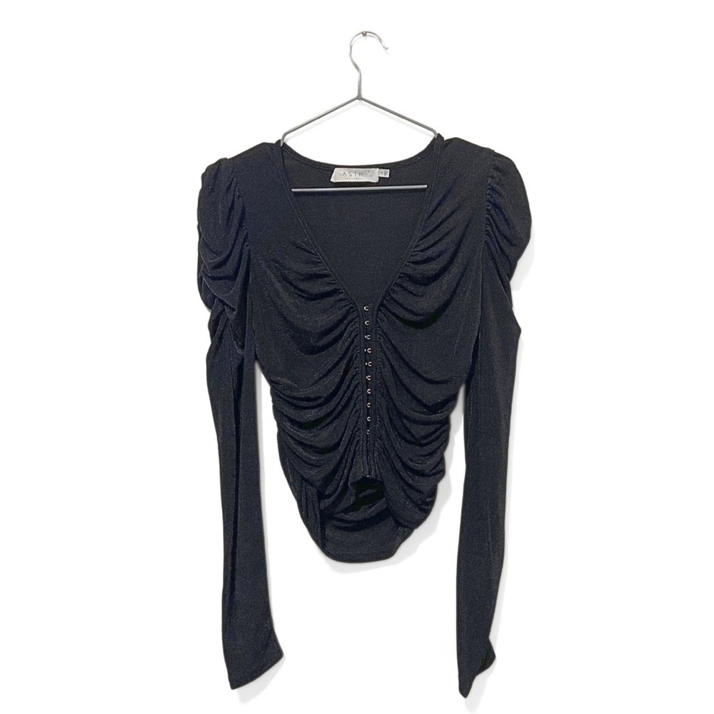 ASTR the Label Black V-Neck Ruched Eyelet Long Sleeve Blouse Size Small